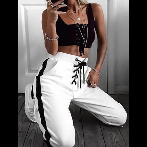 Black Shoe Laced Up Patchwork Reflective White Joggers - Picture 1 of 6